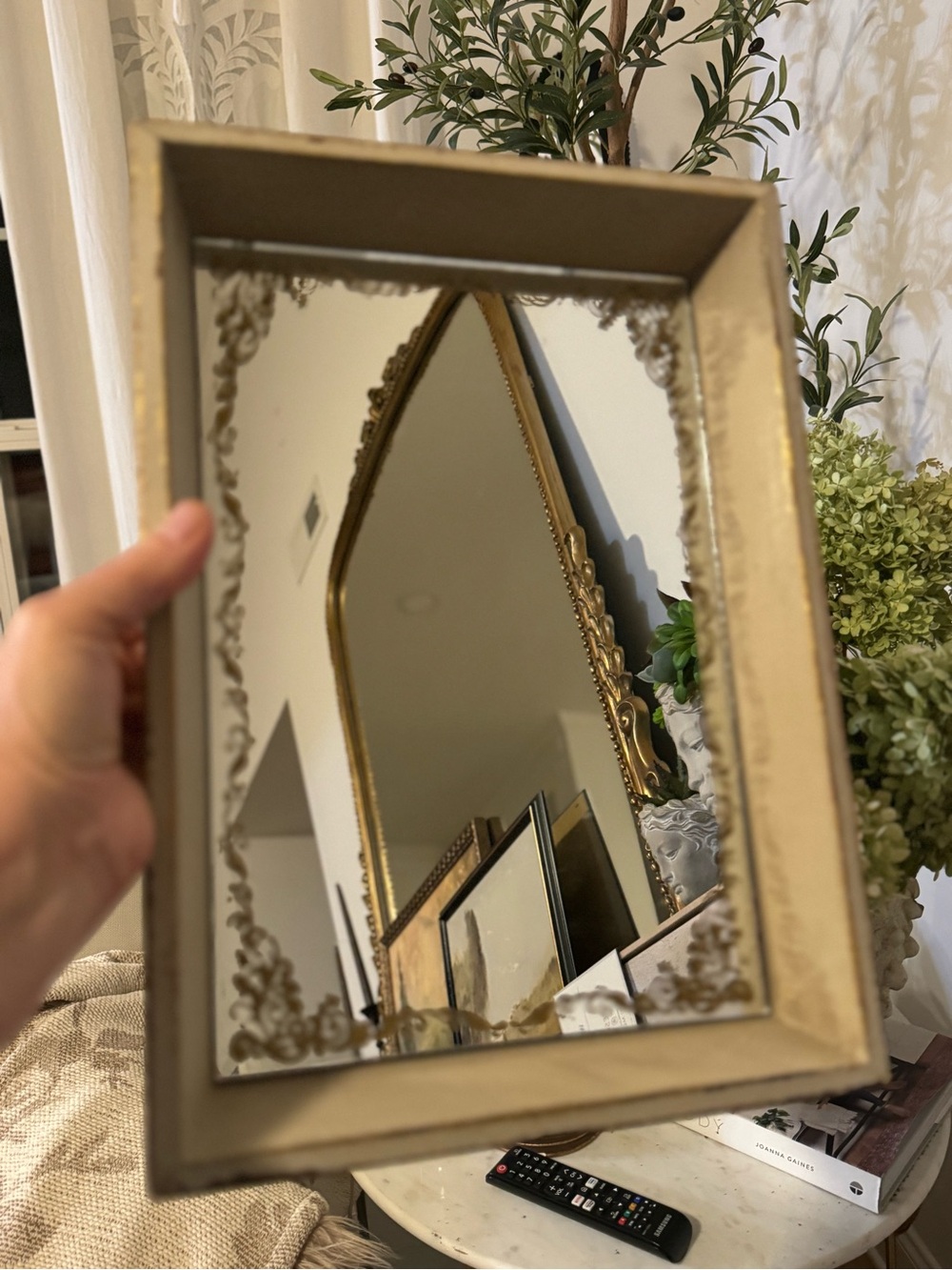 Vintage-Inspired Cream Wood Tray with Mirrored Base